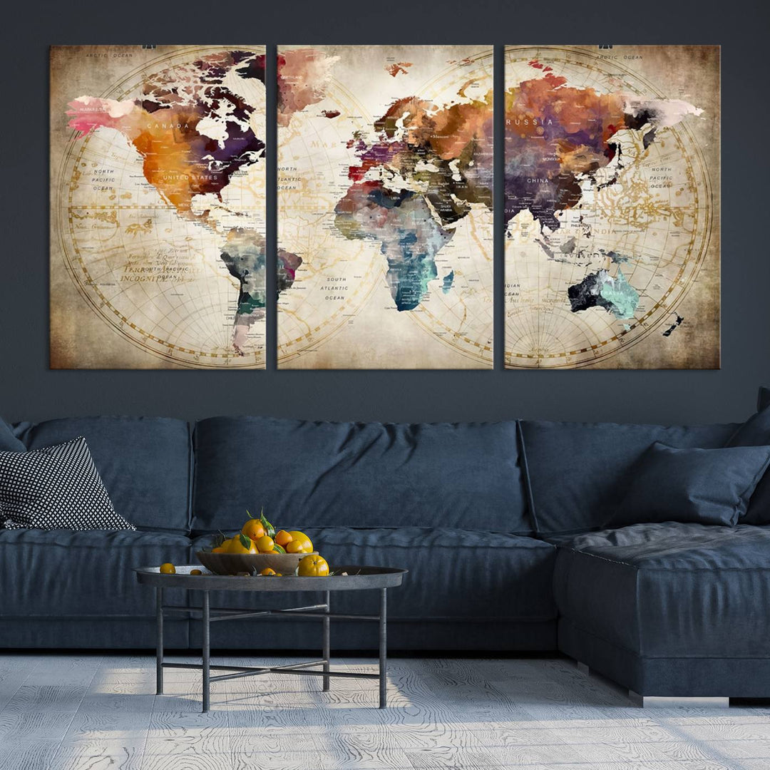 A World Map Wall Art Canvas Print featuring vibrant colors is crafted on museum-quality canvas, adding a touch of elegance to the room.