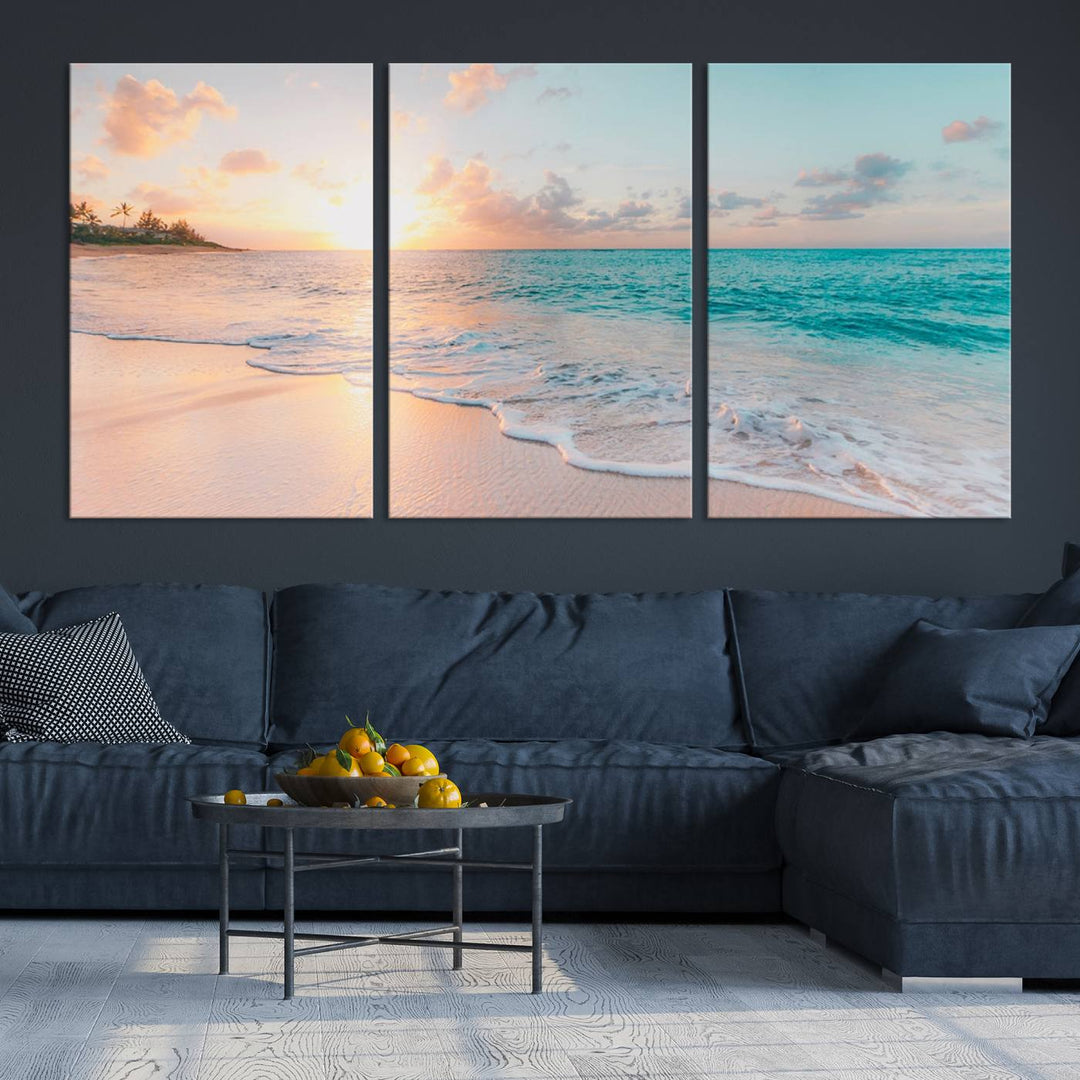 Beach Sunrise Wall Art, Coastal Seascape Canvas Print, Ocean Wave Multi-Panel Giclee, Coastal Sunset Beach Scene for Modern Decor