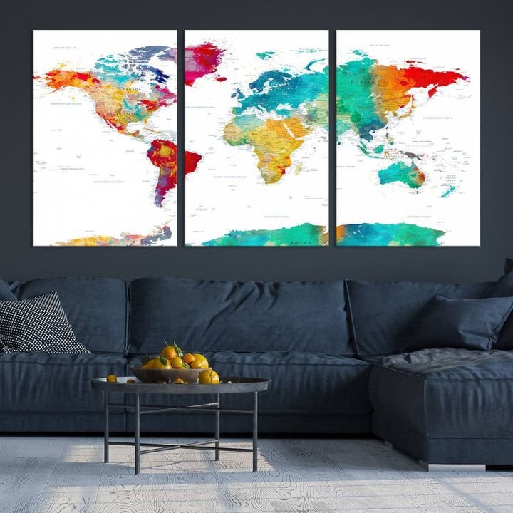 A stunning Colorful World Map Triptych Canvas Print, featuring a ready-to-hang framed design, adds vibrancy and modern flair to the space, effortlessly elevating the entire home décor.