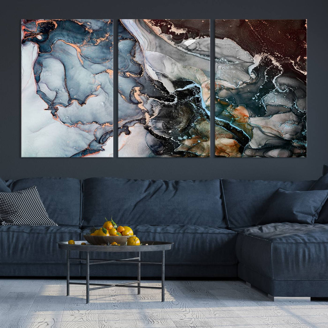 The Mix Color Large Abstract Marble Wall Art Canvas Print is printed on museum-quality canvas. It features a UV-protective coating and is ready to hang, adding elegance to the room.