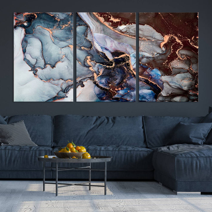 Brown Blue Abstract Marble Wall Art Canvas Print