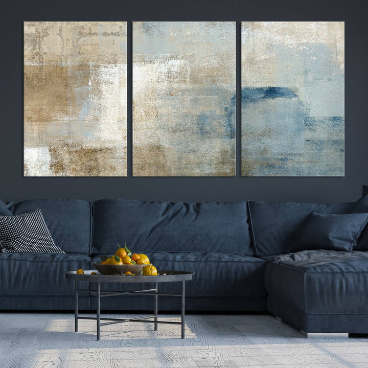 Abstract Blue and Beige Wall Art, Modern Minimalist Canvas Print Set, Giclee Textured Art, Large Multi-Panel Artwork for Living Room