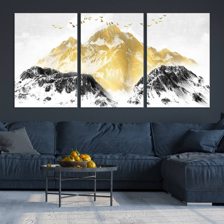 Golden Mountain Triptych Wall Art, Modern Giclee Canvas Print, Nature Landscape Decor for Living Room, Contemporary Gold and Black Wall Art