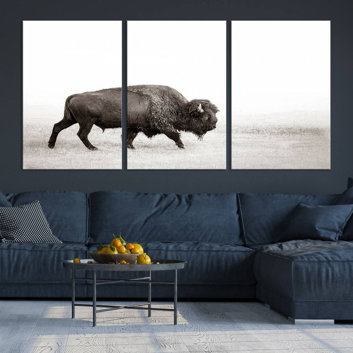 American Bison in Grasslands Triptych Canvas Wall Art – Western-Inspired Nature Decor for Home or Office