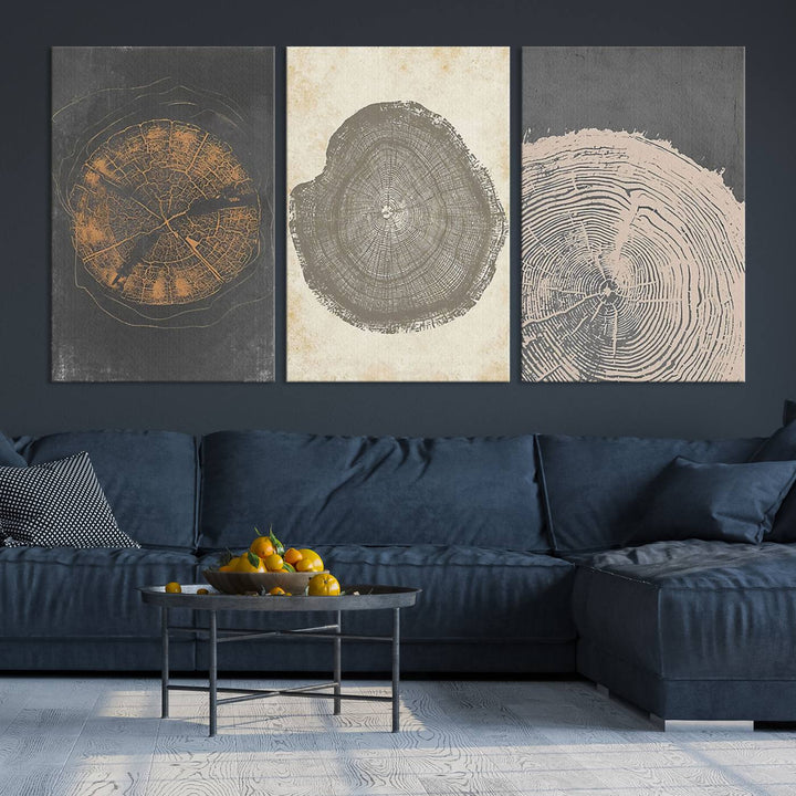 Boho Tree Ring Wall Art, Modern Minimalist Wood Grain Canvas, Tree Slice for Rustic Decor, Farmhouse Decor Giclee Canvas Print, Tree Ring Canvas Set 