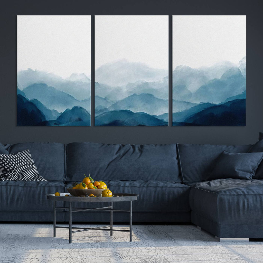 A modern living room features a three-panel canvas of green forest nature scenery photography on the wall. The artwork is gallery wrapped in museum-quality canvases, ensuring both durability and an exquisite display.