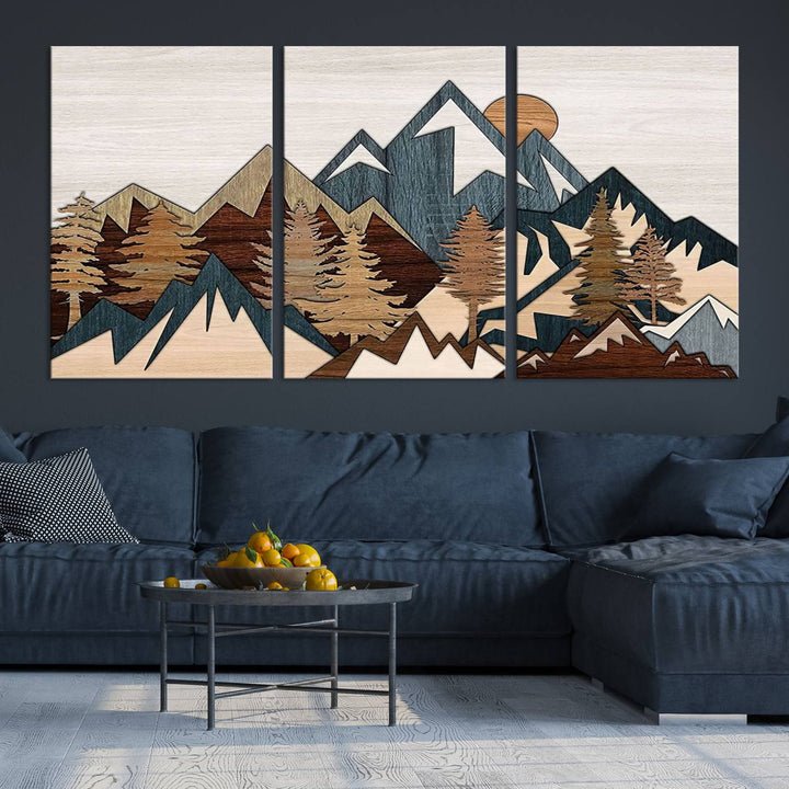 Efecto de panel de madera Cordillera Top Wall Art Print Arte moderno Decoración rústica para sala de estar, lienzo enmarcado Impresión abstracta de montaña sobre lienzo