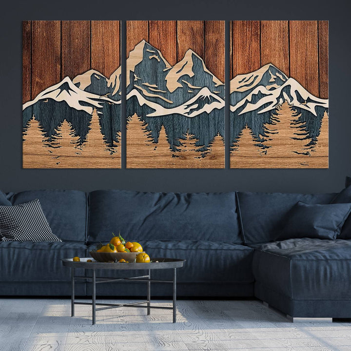 Impression sur toile d'art mural abstrait avec effet de panneau de bois, chaîne de montagnes