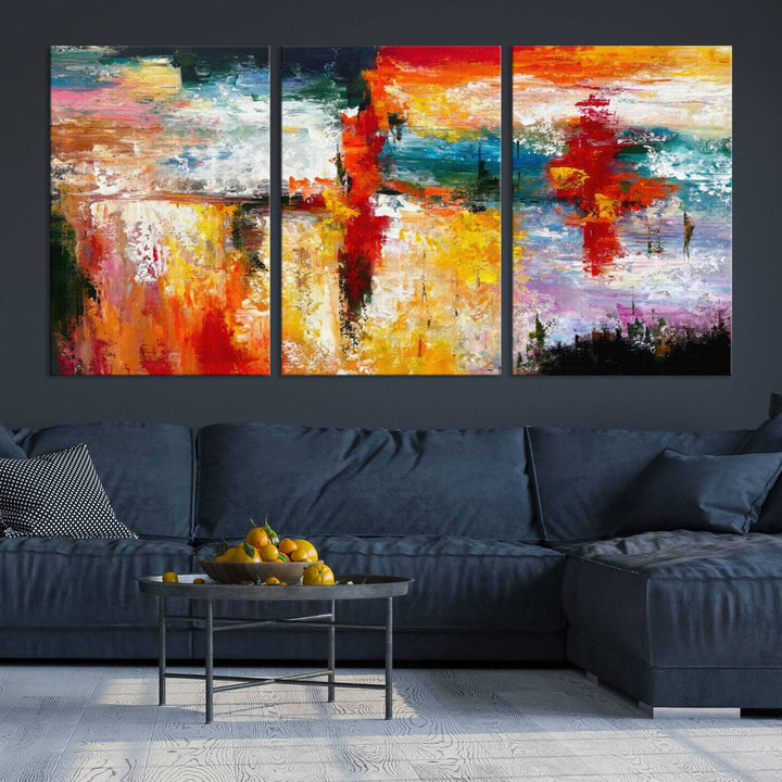 A Colorful Abstract Wall Art Canvas Print graces the wall, making this ready-to-hang masterpiece, complete with UV-protective coating, perfect for elevating any space with its vibrant allure.