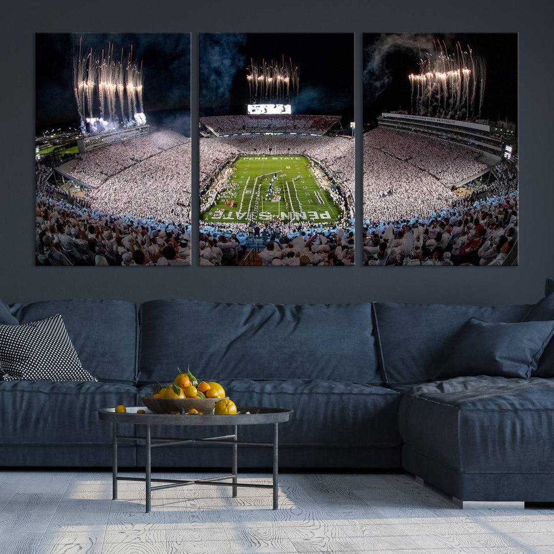 The Penn Stadium Football Wall Art Canvas Print showcases the lively ambiance of a bustling Pennsylvania University football stadium illuminated by fireworks.