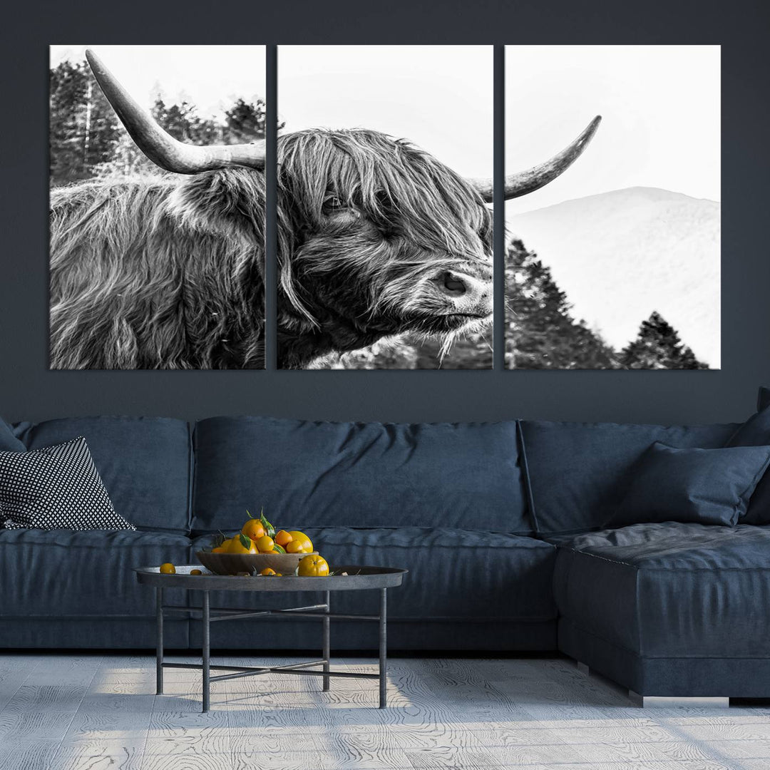 The Scottish Longhorn Wall Art Canvas Print features a highland cow with long horns and shaggy hair displayed on a museum-quality canvas. Equipped with a UV-protective coating for durability, it's ready to hang and enjoy for years to come.