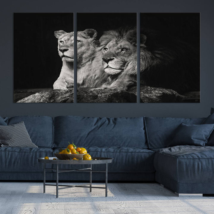 The elegant wildlife portrait, "Lion Couple Canvas Wall Art Print," featuring a black and white depiction of a lion family, majestically decorates the living room wall.