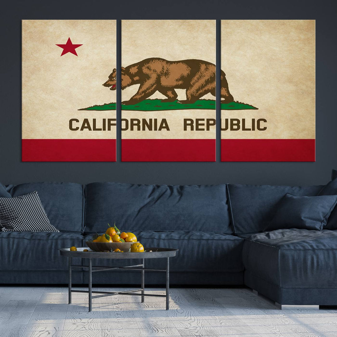 The Calinia States Flag Wall Art Canvas Print, featuring a bear and star design reminiscent of the California Republic flag, is crafted on museum-quality polycotton canvas with a UV-protective coating and is proudly made in the USA.