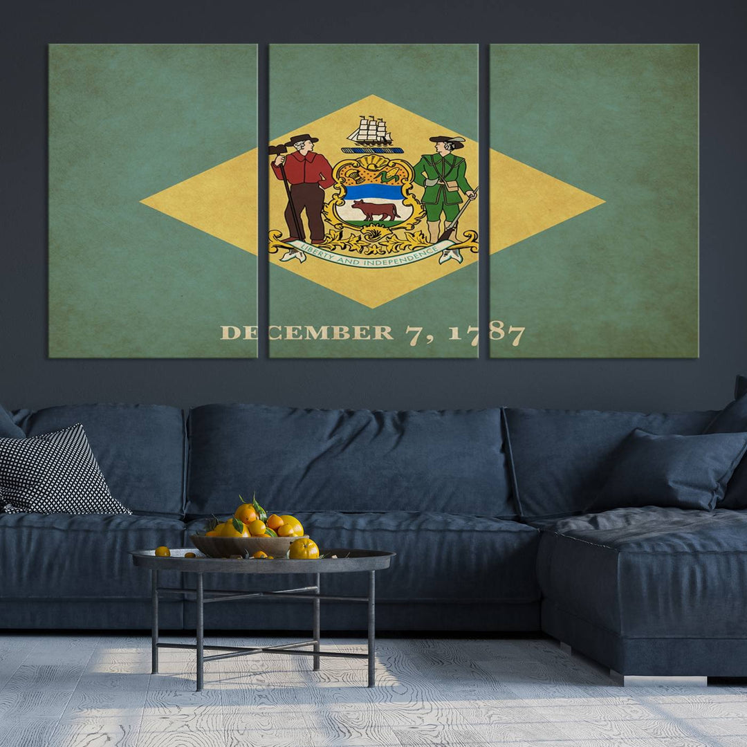 The Delaware States Flag Wall Art Canvas Print, featuring museum-quality material and a UV-protective coating, hangs elegantly, ready to be admired.