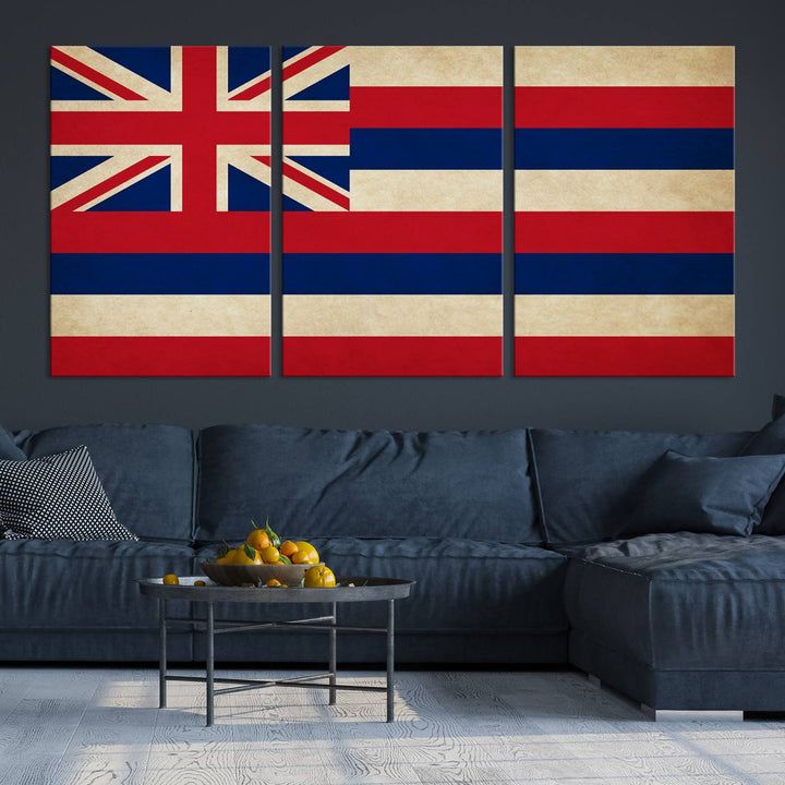 A stunning piece titled "Hawaii USA States Flag Wall Art Canvas Print" adorns the wall. This gallery-wrapped artwork is printed on museum-quality canvas and features a UV-protective coating, ensuring its vibrant colors remain timelessly beautiful.