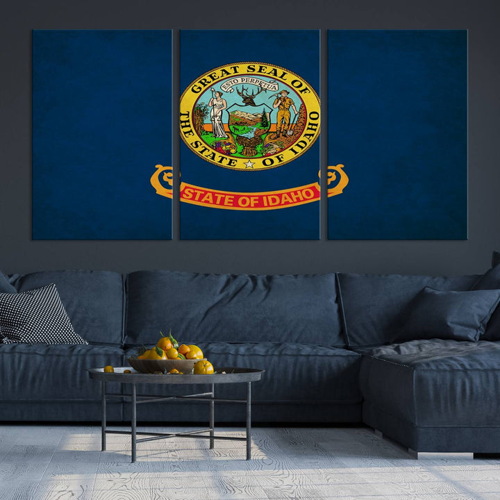 The Idaho USA States Flag Wall Art Canvas Print, featuring a UV-protective coating for lasting vibrancy, is ready to hang.