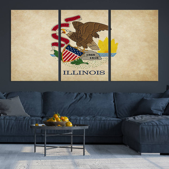 The Illinois State Flag Wall Art Canvas Print, crafted on museum-quality canvas with a UV-protective coating, is displayed prominently.