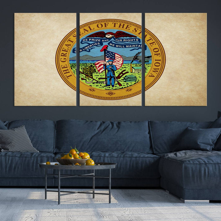 The Iowa USA States Flag Wall Art Canvas Print, beautifully hand-assembled in a framed, museum-quality canvas, is displayed on the wall.