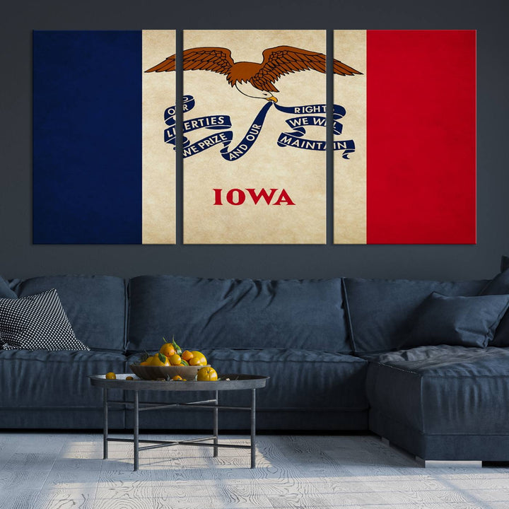 A beautiful Iowa States Flag Wall Art enhances the area, made on museum-quality canvas and boasting a gallery-wrapped design for enduring elegance.