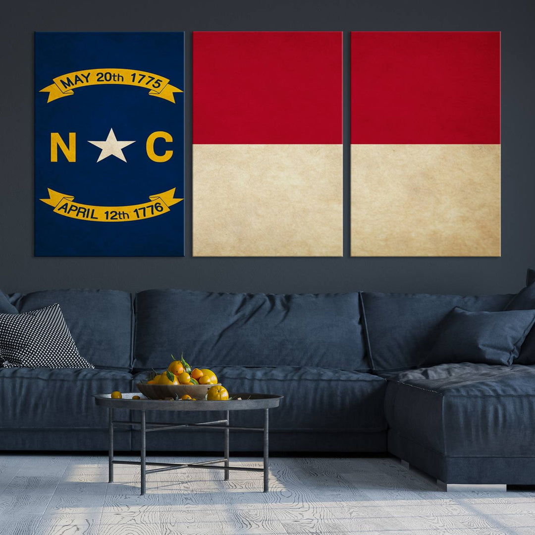 A museum-quality North Carolina State Flag Wall Art Canvas Print graces the wall, adding charm and character to any living space. Enjoy free shipping on this timeless piece.