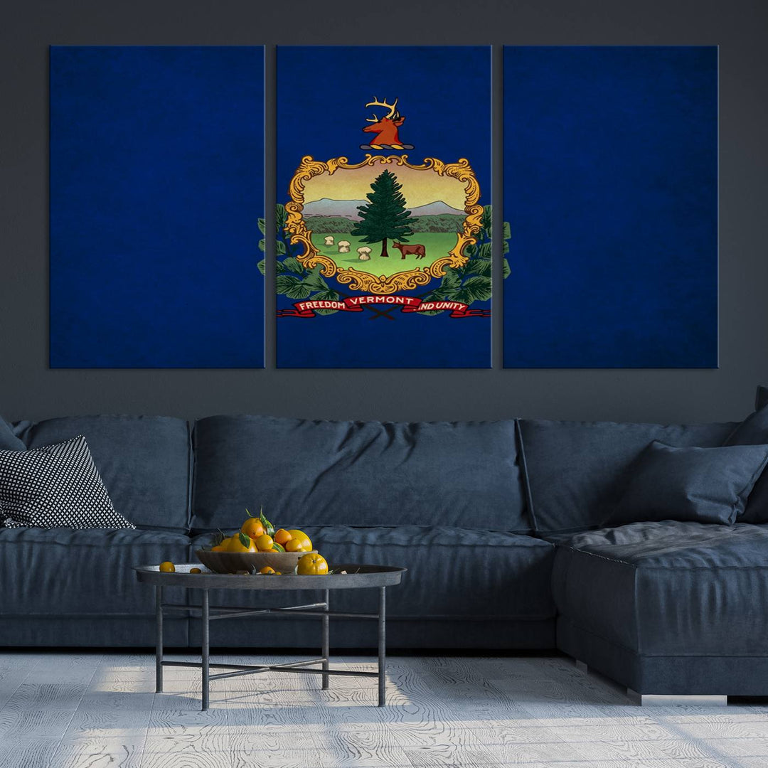 The Vermont Flag Wall Art Canvas Print is a museum-quality piece enhanced with UV-protective finishes, offering both style and durability. Enjoy free shipping on this classic decor addition.