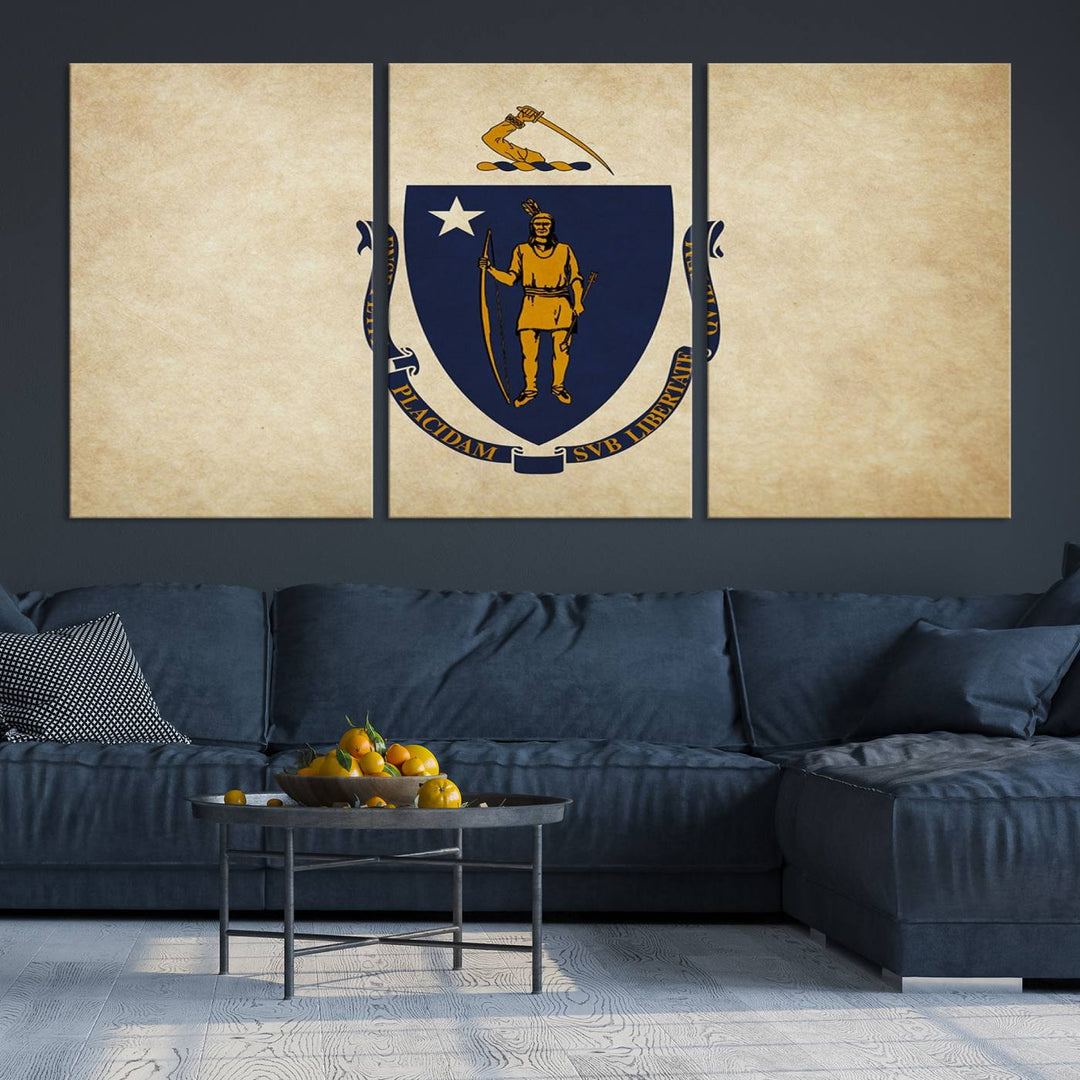 The Massachusetts State of Flag Wall Art Canvas Print, handcrafted on a museum-quality canvas with UV-protective coating, decorates the wall. It is ready to hang and adds a touch of elegance to the space.