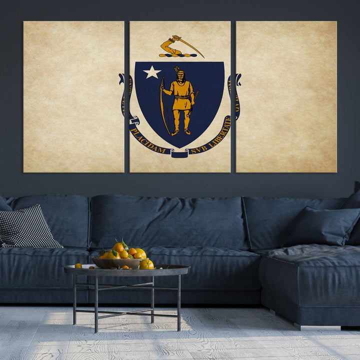 The Massachusetts State of Flag Wall Art Canvas Print, handcrafted on a museum-quality canvas with UV-protective coating, decorates the wall. It is ready to hang and adds a touch of elegance to the space.