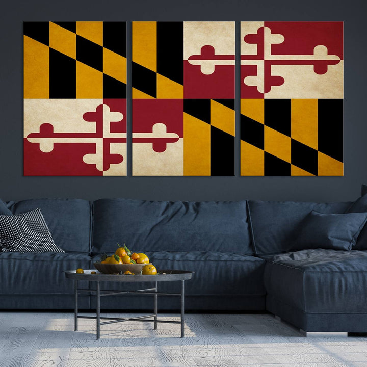 The Maryland Flag Wall Art Canvas Print, boasting a UV-protective coating for vibrant colors and durability, is a museum-quality piece offered with free shipping, making it the perfect addition to your space.