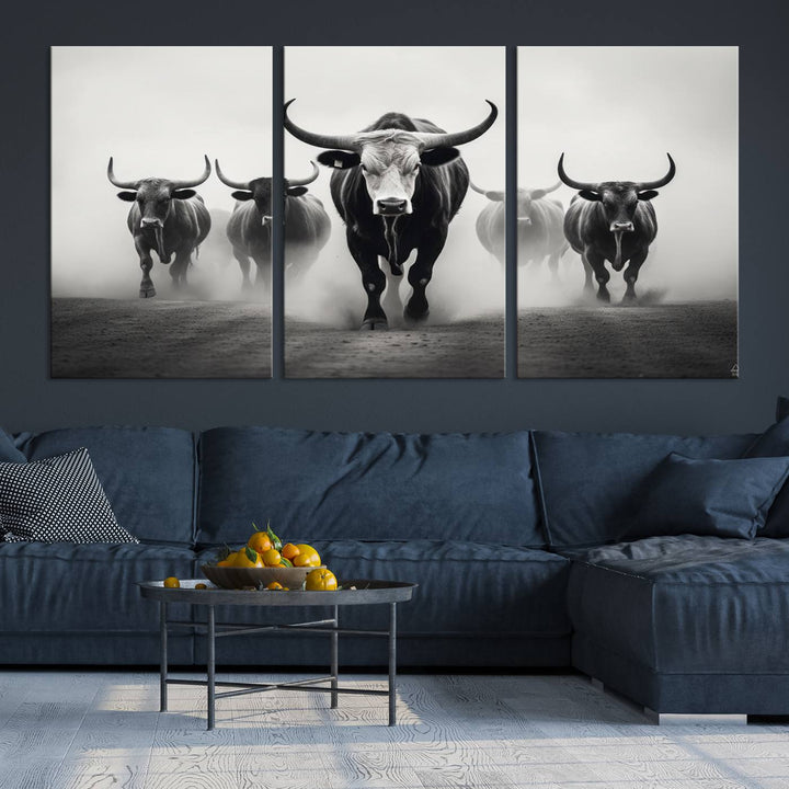 The Texas Longhorn Cow Animal Wall Art Canvas Print beautifully embellishes the area with its depiction of longhorn cattle in a misty setting, seamlessly integrating Western decor into the space.