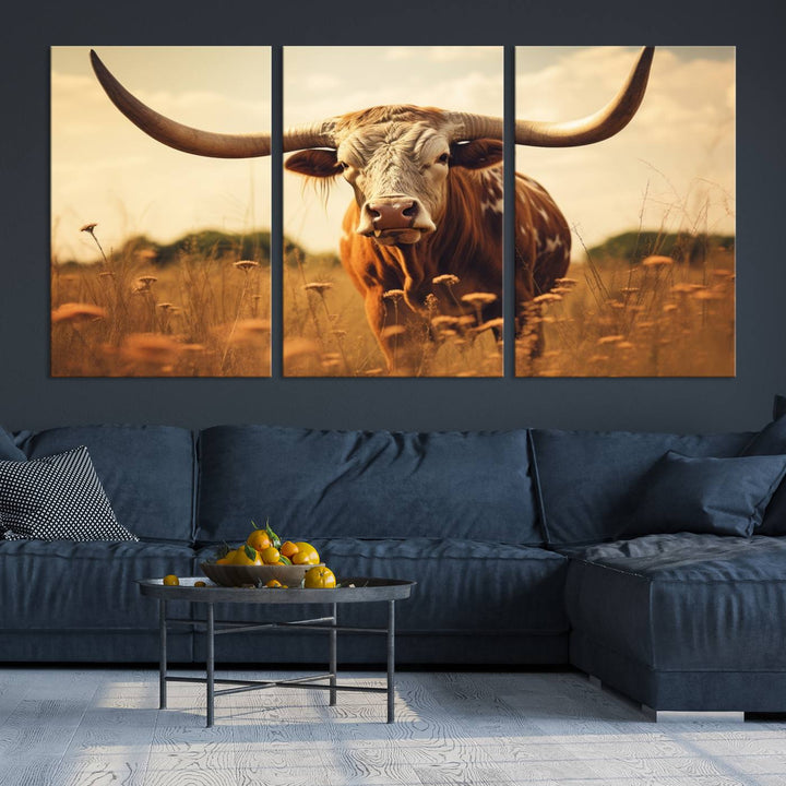 Cow Bighorn Wall Art Canvas Print, Longhorn Texas Cow Animal Canvas Print