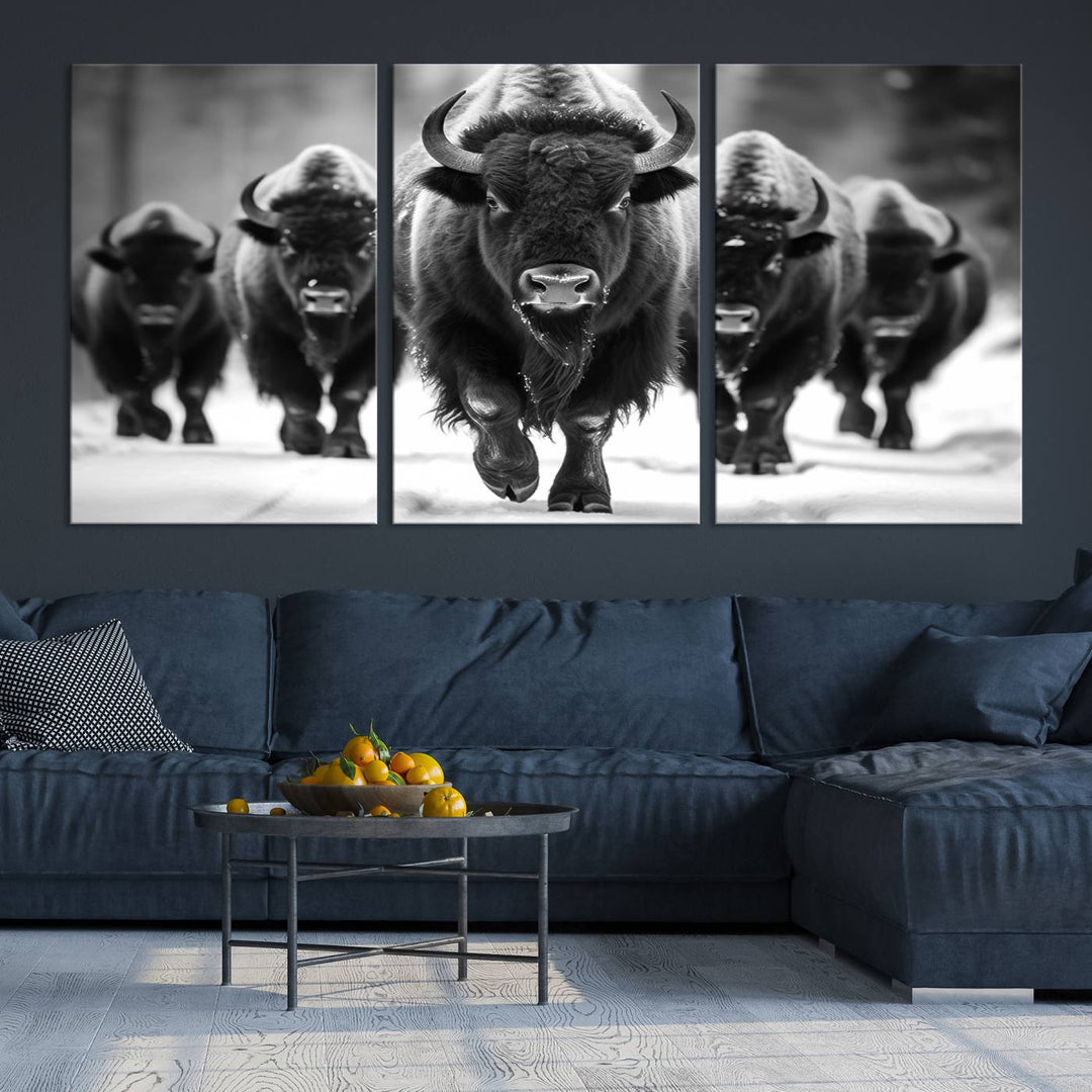 A modern living room features a striking black-and-white American Bison Art | Buffalo Herd Wall Art Canvas Print on the wall.