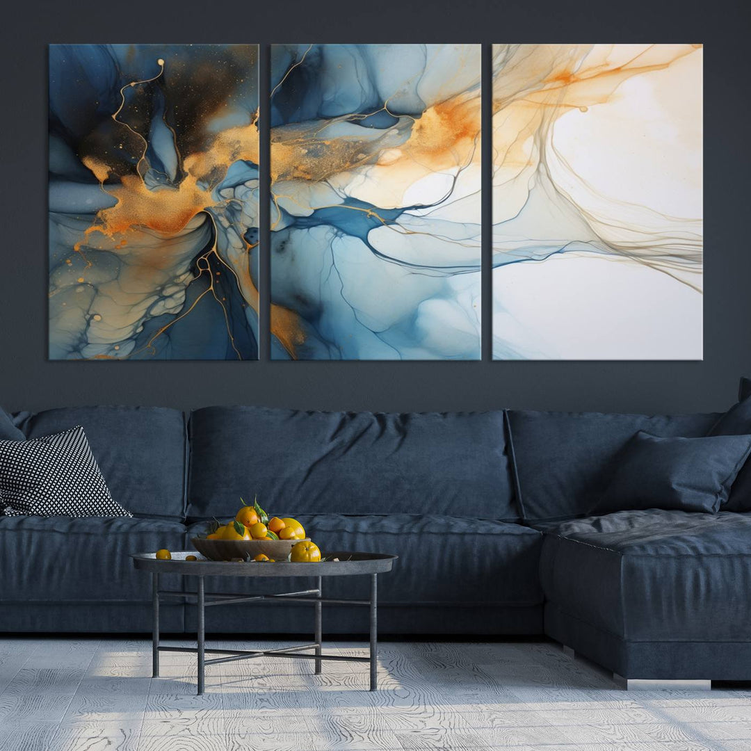 Art mural abstrait bleu marine orange, impression abstraite, impression sur toile abstraite