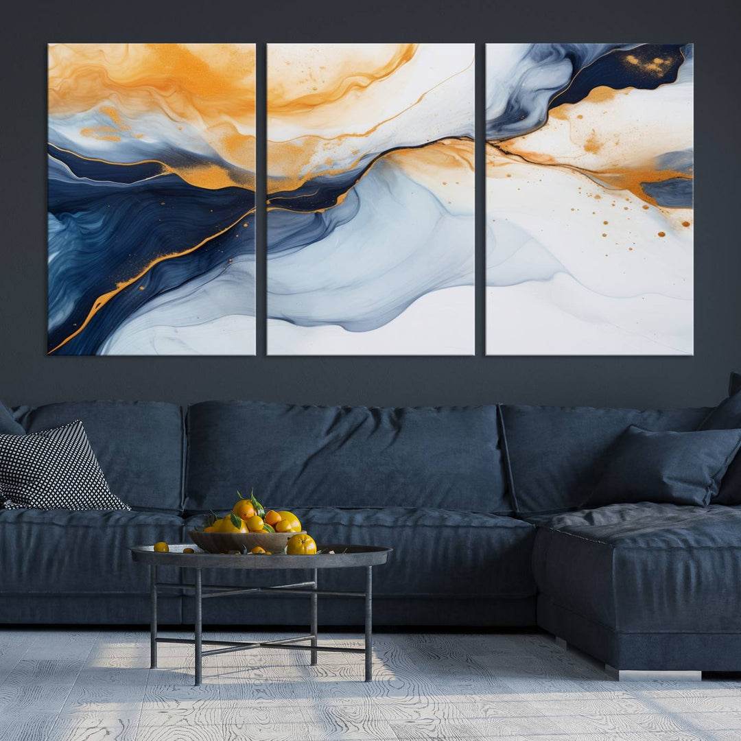 Modern living room featuring the 'Extra Large Orange Navy Blue Abstract Wall Art Canvas Print.'