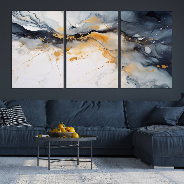 The Dark Blue and Orange Abstract Wall Art, featuring museum-quality canvas with captivating dark and golden swirls, is ready to hang and boasts a UV-protective coating to ensure enduring vibrancy and sophistication.