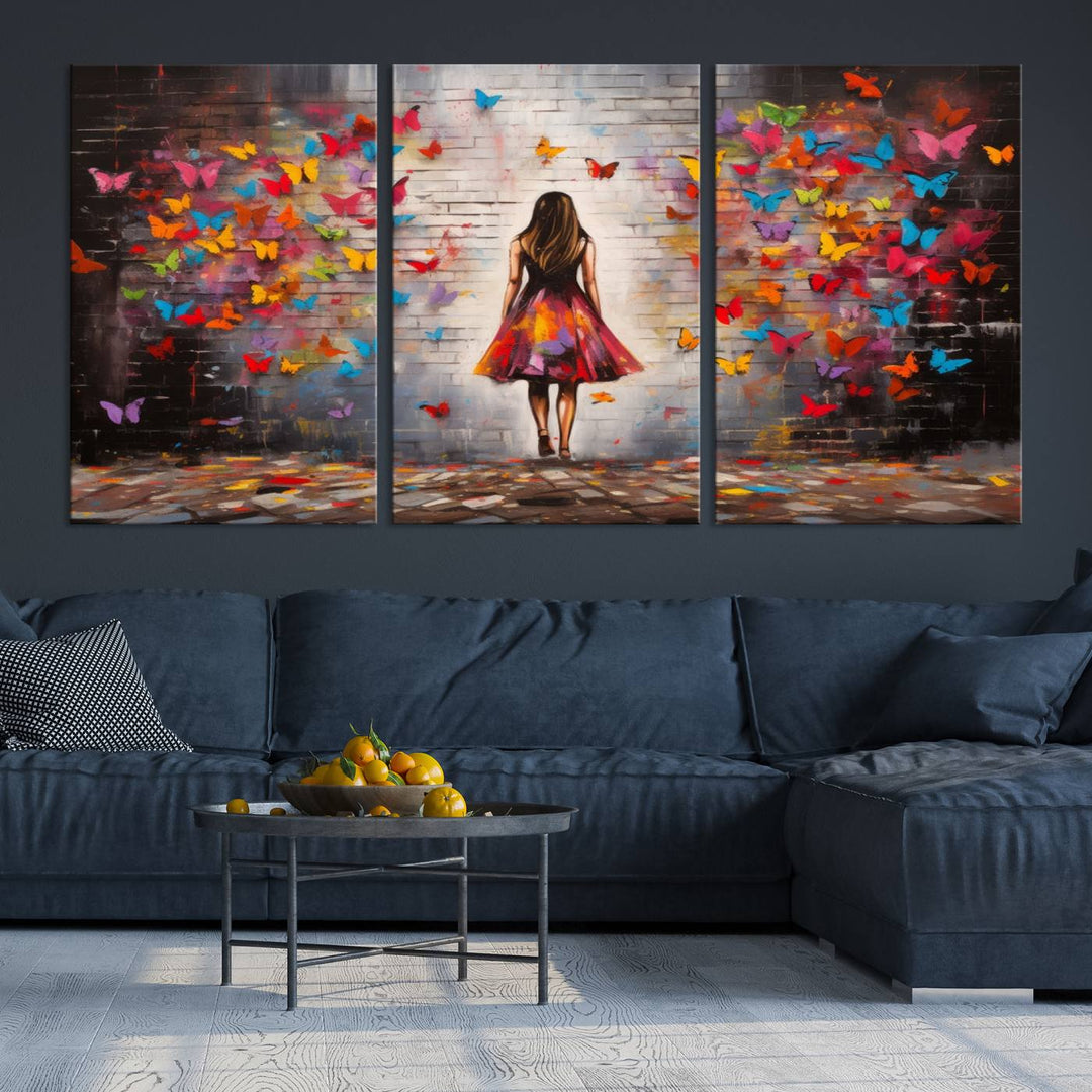 A vibrant artwork titled "Graffiti Wall Art Canvas Print Girl Butterfly Graffiti Abstract Canvas Print" is displayed above the couch. This gallery-wrapped masterpiece, printed on museum-quality canvas, features a UV-protective coating to preserve its vivid beauty.