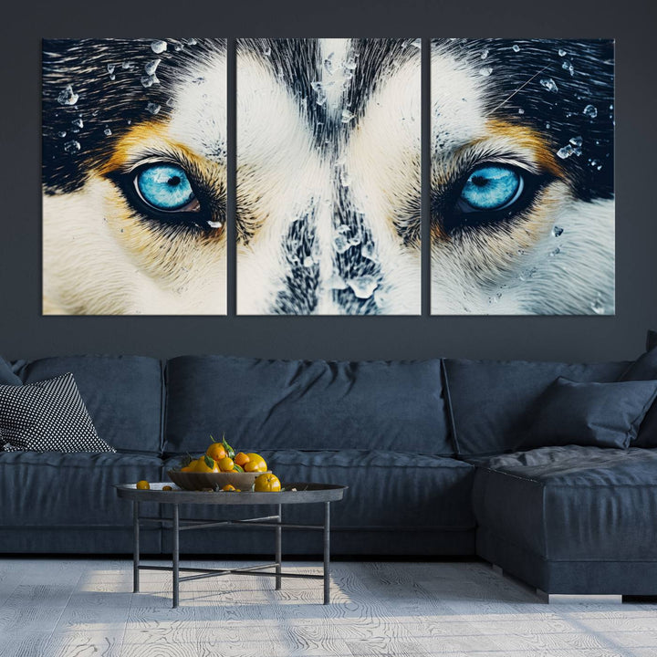 The captivating "Winter Siberian Husky Wolf EYE Wall Art Canvas Print" showcases the striking blue eyes of the animal portrait.