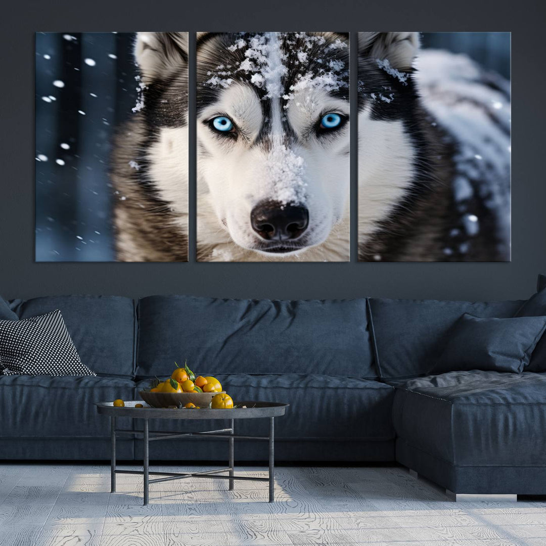 A digital art piece titled "Winter Siberian Husky Wolf Wall Art Canvas Print" showcases a blue-eyed husky blanketed in snow. Printed on high-quality canvas, it is an ideal choice for nature and dog enthusiasts.