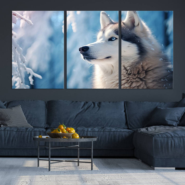 A captivating Winter Siberian Husky Wolf Wall Art Canvas Print hangs prominently.