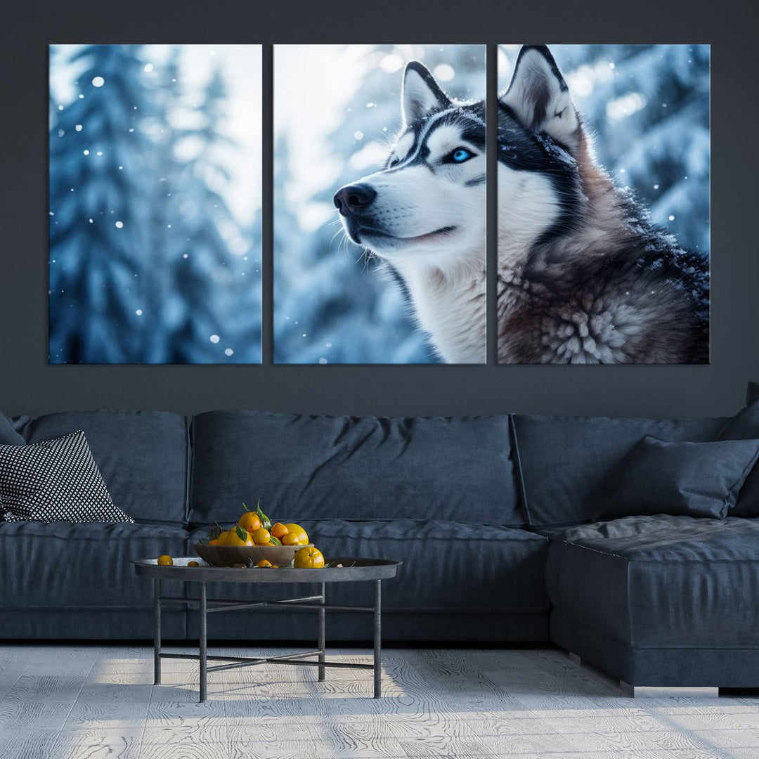 The "Winter Siberian Husky Wolf Wall Art Canvas Print" is elegantly displayed, enhancing the room's cozy ambiance in a snowy forest setting.