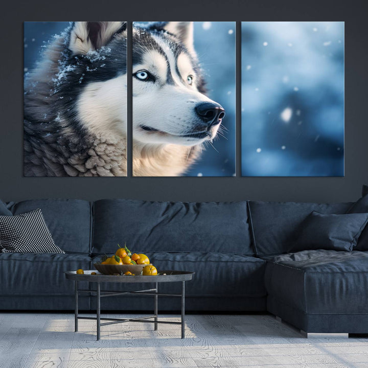 The space above the sofa features the Winter Siberian Husky Wolf Wall Art Canvas Print, creating a stunning snowy scene.