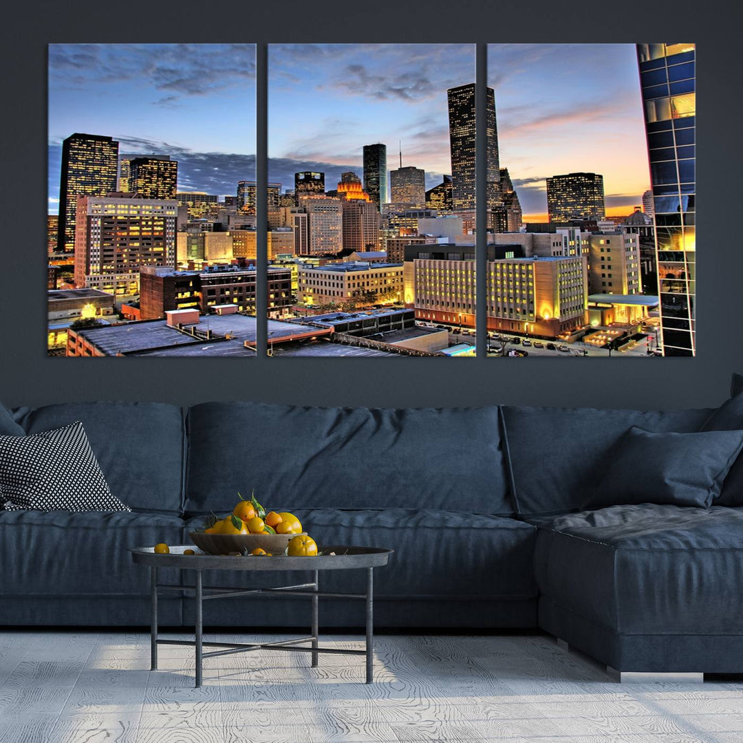 The modern living room features the Houston Wall Art Canvas Print on the wall. This professional craftsman framed masterpiece depicts a cityscape and is created with museum-quality polycotton canvas, ensuring a polished look that enhances its elegant charm.