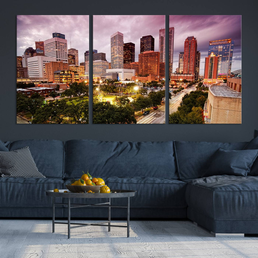 The Houston Wall Art Canvas Print in the living room displays a vibrant city skyline at twilight on museum-quality canvas with UV-protective coating.