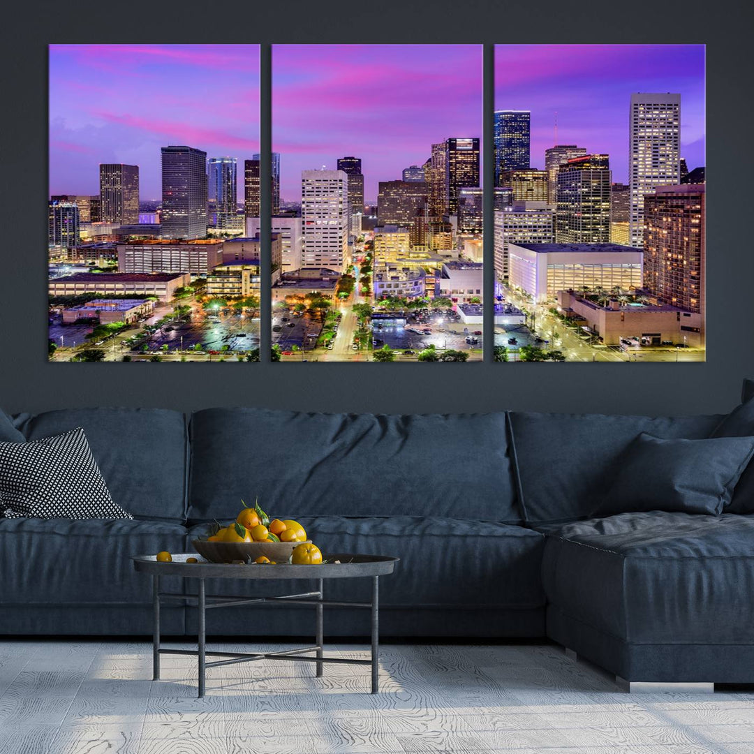 Houston Wall Art Canvas Print showcasing a vibrant cityscape at dusk on museum-quality canvas, expertly crafted by professional craftsmen.