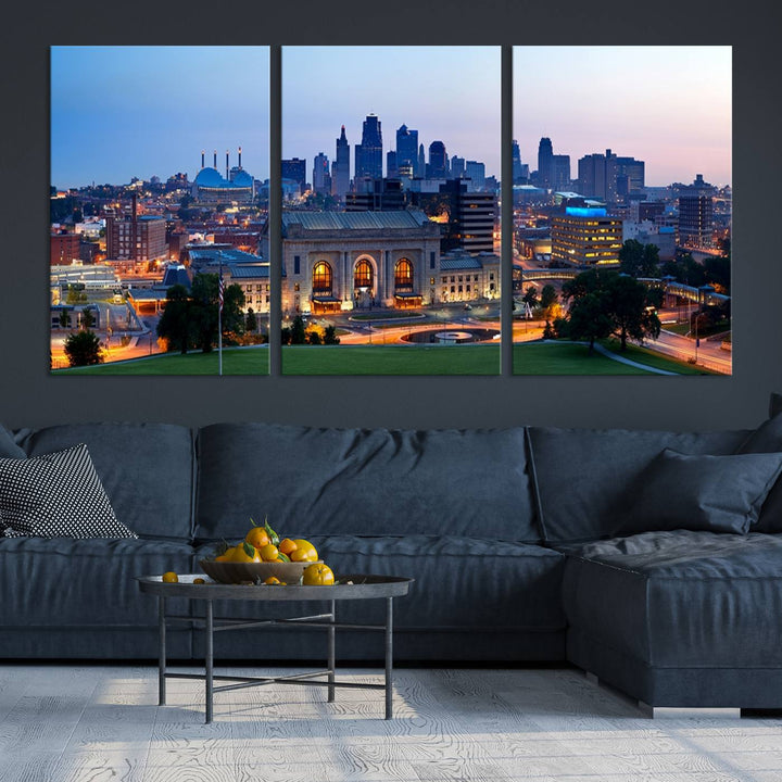 The Kansas City Skyline Canvas Wall Art Print hangs above, showcasing an iconic dusk cityscape with a historic building in the foreground, exuding urban sophistication.