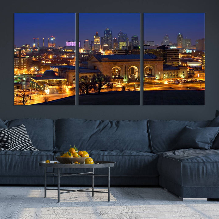 The Kansas City Night Canvas Print Wall Art creates a scene as captivating as museum-quality art, showcasing a city skyline at night with illuminated buildings.