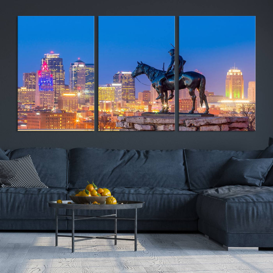 A large Kansas City Night Canvas Print Wall Art adorns the wall, gallery wrapped and finished with a UV-protective coating for lasting vibrancy.