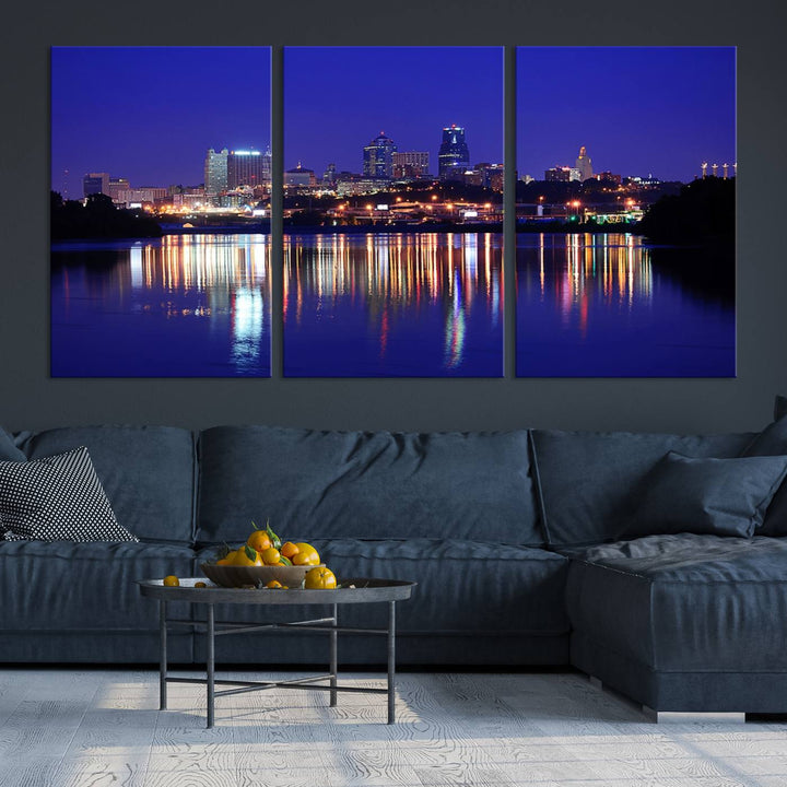 The Kansas City Night Canvas Print Wall Art captures the shimmering city skyline on the calm water, where every detail resembles a museum-quality polycotton masterpiece.