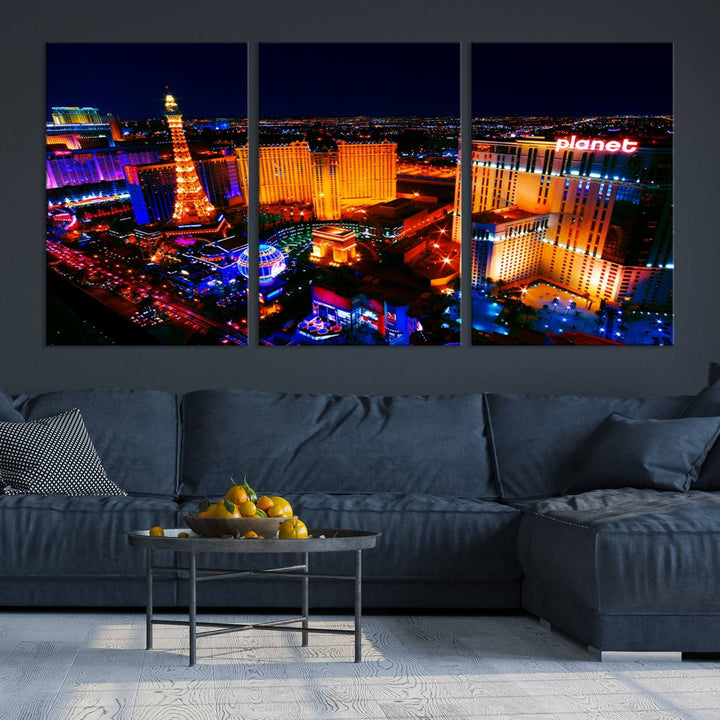 Las Vegas Wall Art Canvas Print showcases a dynamic and luminous cityscape at night with tall buildings and bustling streets. Expertly printed on museum-quality canvas, this gallery-wrapped artwork is enhanced with a UV-protective coating to ensure lasting brilliance.