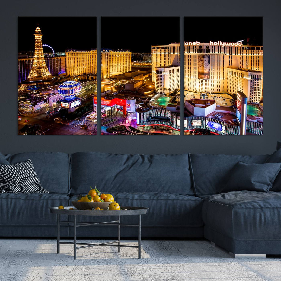 The Las Vegas Wall Art Canvas Print is a triptych set that showcases a stunning night view of Las Vegas. The illuminated buildings and the iconic faux Eiffel Tower add elegance to any space. Each piece comes with a UV-protective coating and is ready to hang, ensuring both style and durability.