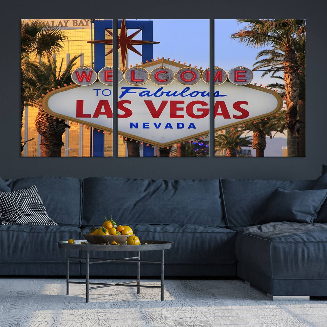 A Las Vegas Wall Art Canvas Print hangs on the wall, showcasing the iconic Welcome to Fabulous Las Vegas, Nevada sign. The museum-quality canvas guarantees vibrant colors with its UV-protective coating and is available with free shipping for added convenience.